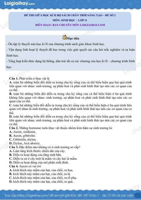 Đề thi giữa học kì 2 Sinh 11 Chân trời sáng tạo - Đề số 2